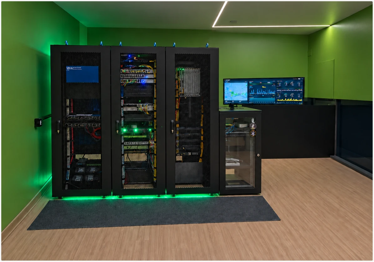 Datacenter próprio da Chip7 em Pelotas, com racks de servidores, equipamentos de rede e painel de acompanhamento