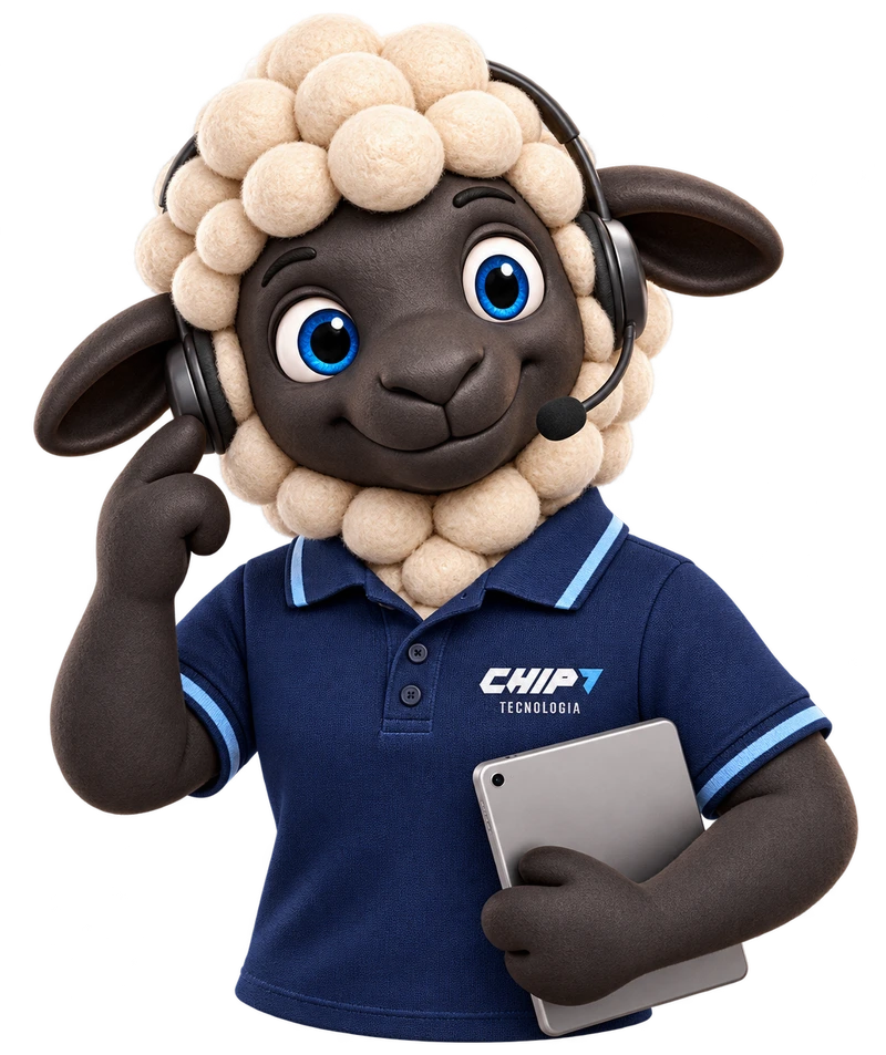 Sheep da Chip7 Tecnologia com headset de atendimento e uniforme azul.