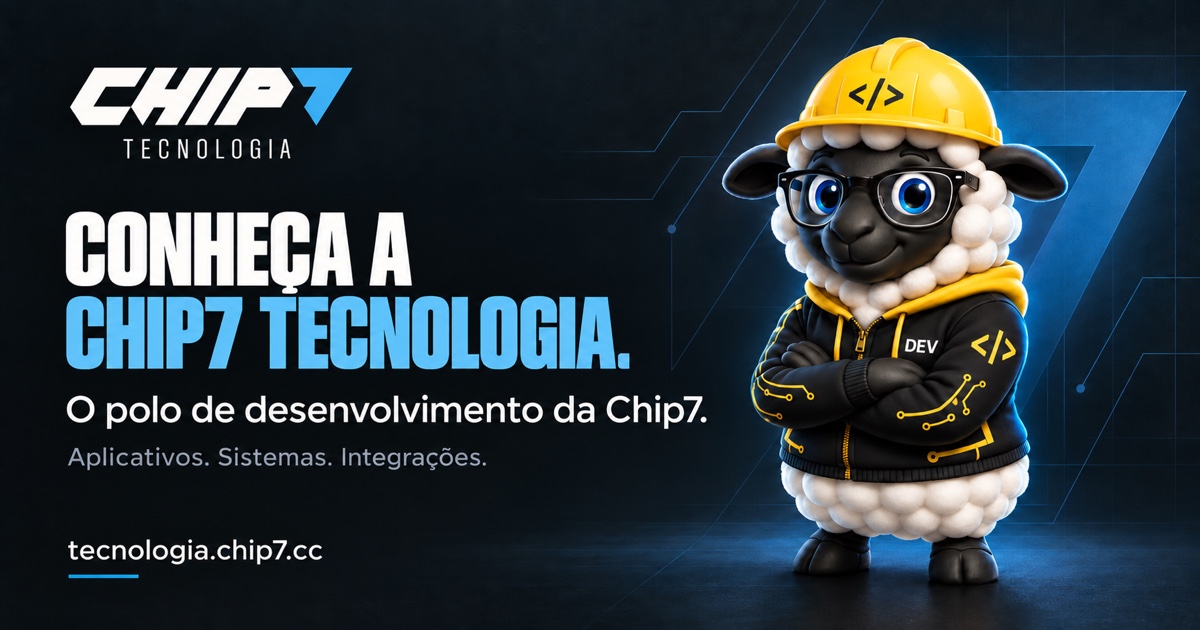 Chip7 Tecnologia. Aplicativos, sistemas e integrações, com o mascote Sheep.